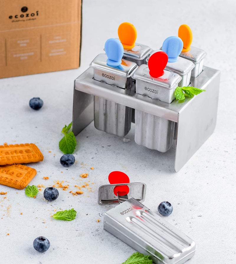 Ecozoi Stainless Steel Popsicle Molds, 6 Mini Popsicle Makers, 6 Reusable Stainless Steel Sticks, 12 Silicone Seals and 1 Rack, Eco Popsicle Molds for Kids and Adults, 2 oz Per Mold (Square) - Image 2
